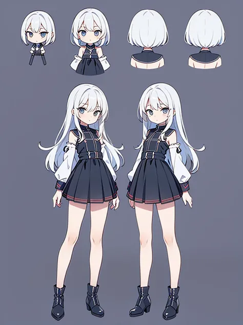 ultra-detailed, grey background, simple background, chibi, arms at sides, upright, concept art, 独奏, cowboy shot, full body, looking at viewer, Long white hair