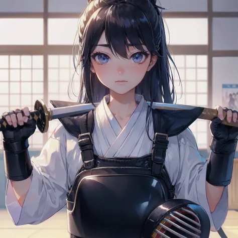  masterpiece, (textured skin), best quality, gorgeous beautiful girl, (a female kendo athlete), detailed clothes,large breasts,narrow waist,, (beautiful face), cinematic lighting, (at kendo venue ),