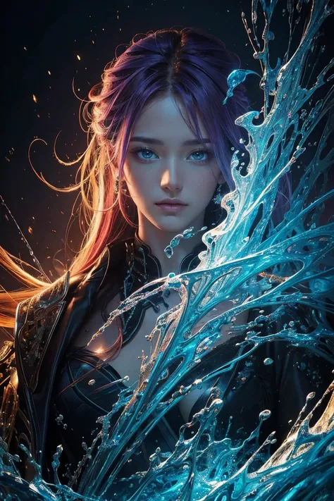 (masterpiece, Highest quality, Highest quality, Official Art, beautifully、aesthetic:1.2), (One Man), extreme detailed,(Abstract, Fractal Art:1.3),Colorful Hair,highest detailed, detailed_eye, fire, water, ice, Lightning, Light_particle, Ghost