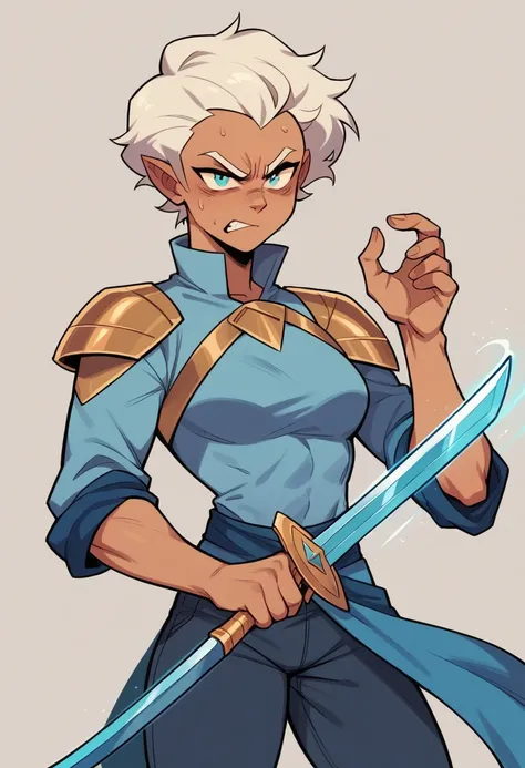 She-ra, left hand up, holding a blue sword, angry face