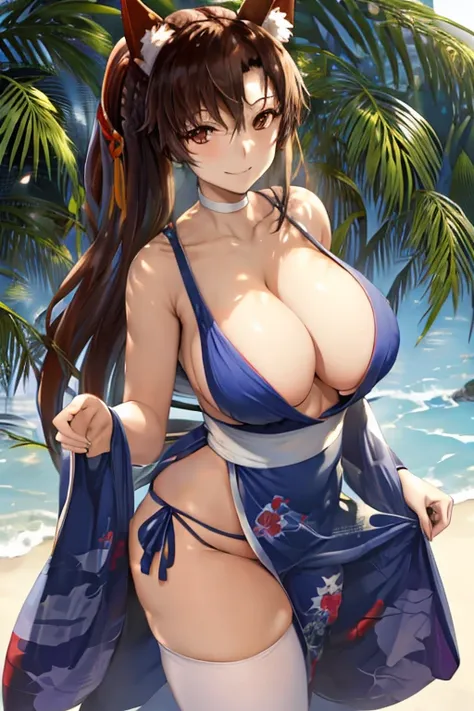 masterpiece, best quality, beautiful art, high resolution, well formed hands, body and fingers, 1 woman, solo, Imaizumi Kagerou, wolf ears and wolf tail, hair ornament,  adult, grown up, big breasted, cleavage,  full body, braided long hair, blue_japanese_...