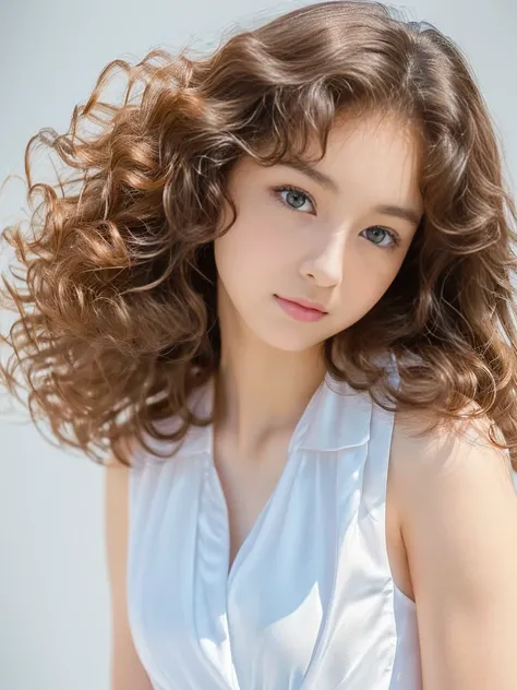 (Pure white wall background:1.8. Photo of upper body from waist up)　(The most beautiful 12-year-old junior high school girl in Japan)　(She looks at the viewer with a very seductive expression....)　((Her hair is incredibly curly、Very shiny、Beautiful as silk...