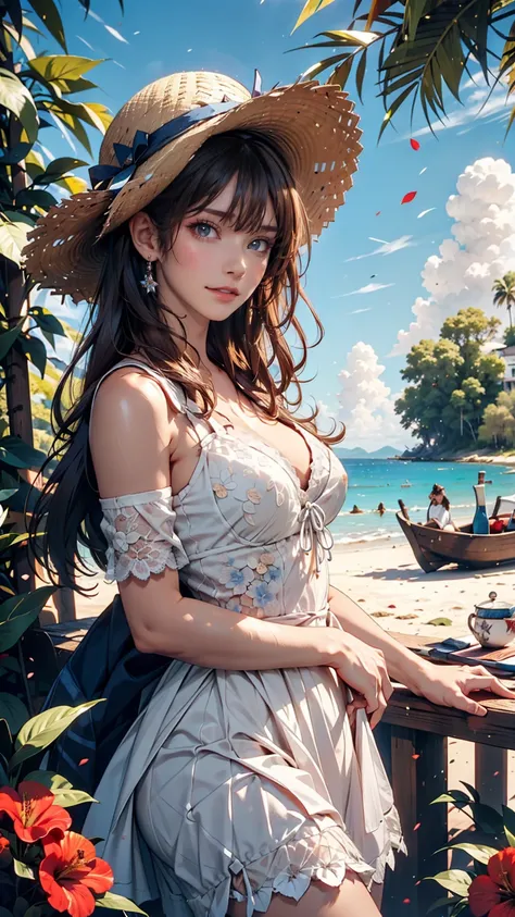 24-year-old woman、Indigo Hair、semi-long、Straw hat、White summer dress decorated with lace、Lace-up sandals、Taketomi Island、Landscape with stone walls、Red hibiscus、Summery blue sky