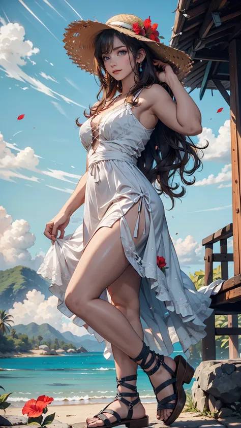 24-year-old woman、Indigo Hair、semi-long、Straw hat、White summer dress decorated with lace、Lace-up sandals、Taketomi Island、Landscape with stone walls、Red hibiscus、Summery blue sky