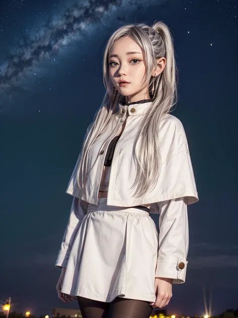 One girl,alone,Fairy,Gray Hair, Grey Hair, Earrings, Pointed Ears, Long Hair, ponytail, Green Eyes, Twin tails, Parted bangs, Thick eyebrows,
Capelet with collar, White capelet, Striped shirt, Long sleeve,Striped, White Skirt,
pantyhose,
Night Sky, perform...