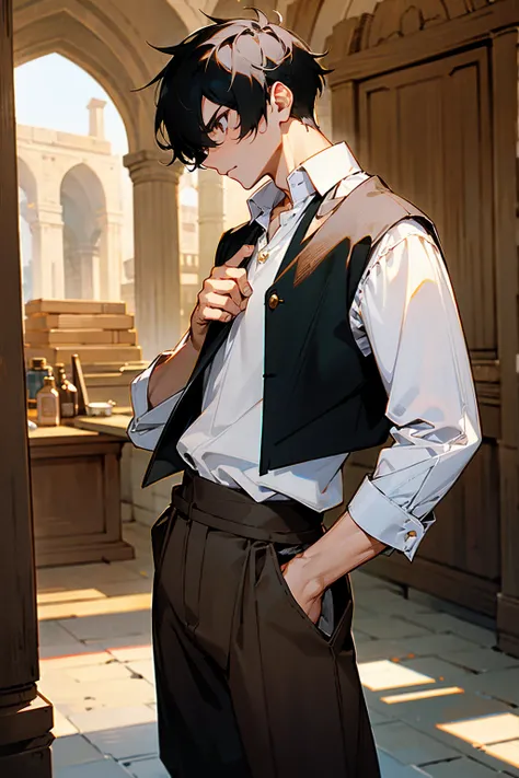 1male, black hair, medium length, wearing a loose white shirt with a black vest, baggy pants, and brown boots, standing in an old marketplace, detailed face, hands to the side.