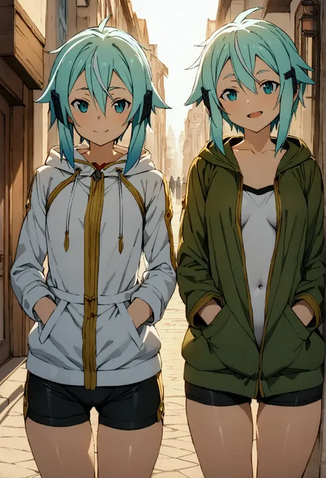 nsfw,masterpiece,highest quality,high resolution,very detailed,sinon\(sword art online\),hooded parka,open front clothing,shorts...