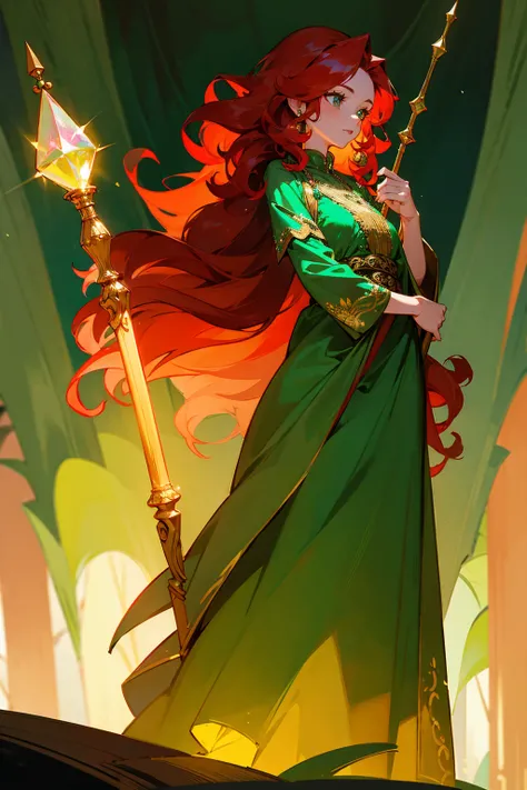 1female, red hair, long and curly, wearing a green dress with golden embroidery, holding a staff with a glowing crystal, standing in an enchanted forest, detailed face