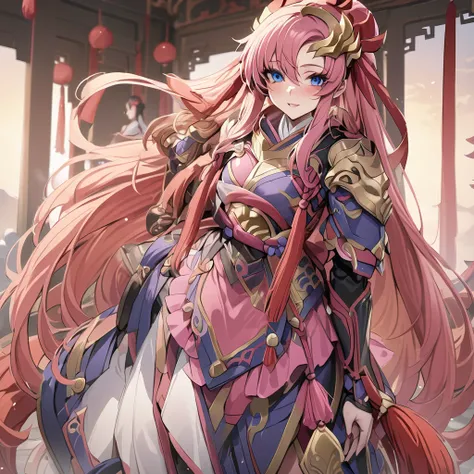 ((Highest quality)), ((masterpiece)), (detailed), （Perfect Face）、The female ancient Chinese warrior is Lacus Clyne, with blue eyes, pink medium-long hair, and is wearing gorgeous ancient Chinese warrior gear and a gorgeous headdress.、There were female mili...