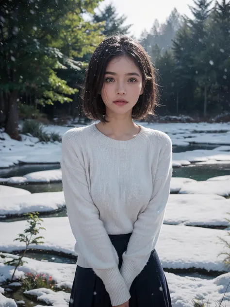 (Full shot:1.4), (Best quality:1.5), blue sky, (snowing:1.2), 23y, 1girl, indonesian, (tight breast), long sleeve sweater and skirt, (cute face:1.4), wavy short hair blowing in the wind, dramatic selfie posing in meadow with wild plants, kodacrhome, cinema...