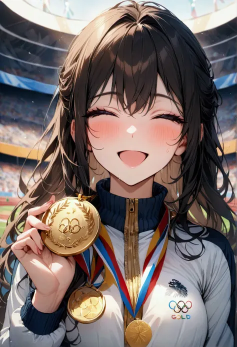 Award ceremony, Show off your gold medal, Happy, (masterpiece:1.2), 最high quality, high quality, High resolution, (Super detailed), Olympic, athlete, Tracksuits, Upper Body,