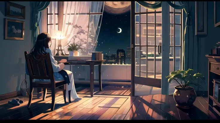 Create an illustration of a girl with black hair and blue eyes, sitting in a chair in front of a desk, Sentimental, Introspective look。, The moonlight gently shines into the room, Gently illuminate the space, Curtains sway in the wind, Increase tranquility...