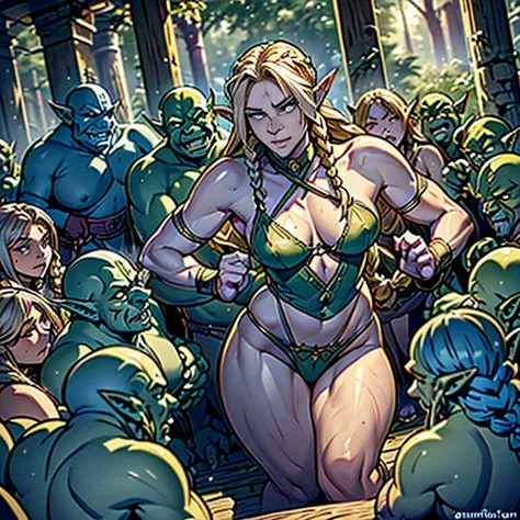 1 main character and NPCs, (((A young adult tall lean male with  very long braided blonde hair male elf, male elf wearing erotic lingerie))), in beautiful detailed 4k sunny forest, (((he encounters a group of multiple monstrous orcs))), only male, male imm...