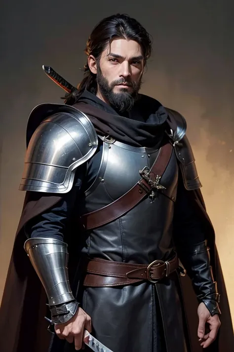 Medieval Europe、Adventurer、veteran、Brown leather armor、front、whole body、swordをもって戦闘態勢、Beard、Short black hair、Cape、sword、Two-Way、mercenary、Skilled