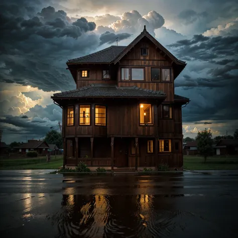 A wooden old house and in house window a man smiling,the house is so far to see in the sky clouds and lights thunder too much and its night,rain coming heavily 