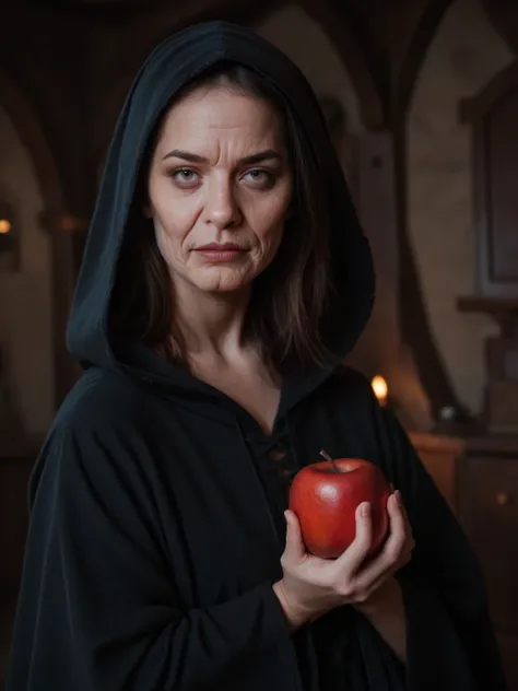 score_9, score_8_up, score_7_up, score_6_up, score_5_up, score_4_up, realistic style, photo, photorealistic, high detail, photo of a very old witch, scary wrinkled face, ugly face, black hooded robe, holds out a red apple to the viewer on her palm, looks a...