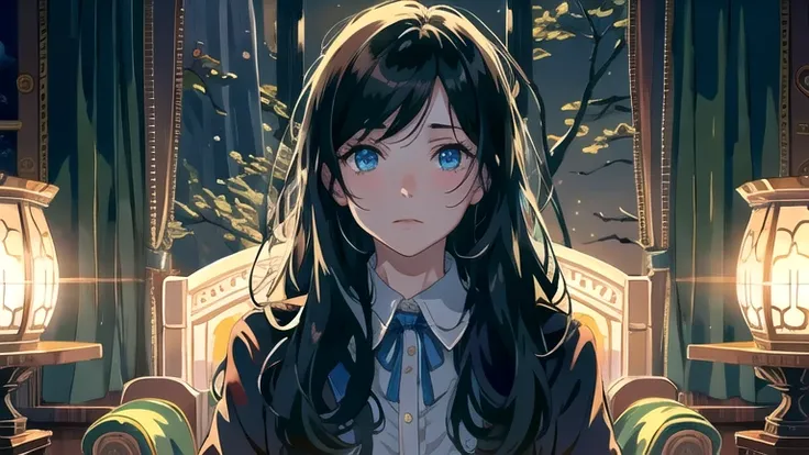 Create an illustration of a girl with black hair and blue eyes, sitting in a chair in front of a desk, Sentimental, Introspective look。, The moonlight gently shines into the room, Gently illuminate the space, Curtains sway in the wind, Increase tranquility...