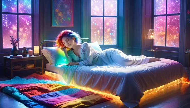 {{masterpiece}}, best quality, Extremely detailed CG unified 8k wallpaper, light,, A woman lying in bed，Blankets and pillows nearby,Sleep with your eyes closed，There are big windows in the back， Quiet Night. , Multi-colored hair, (rich and colorful:1.5), (...