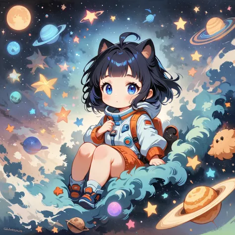 เด็กสาวDark blue hairนั่งอยู่ในชุดอวกาศที่ลอยอยู่ในอวกาศ,Dark blue hair, blue eyes, Surrounded by the Milky Way, universe , Cutely. Eat snacks, meet aliens, Babygirl sit in spacesuit floating in space,glabrous, surrounded by the Milky Way, the universe , c...