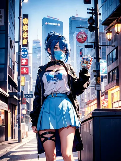 a beautiful young woman, detailed blue hair, standing in city, confident expression, 18 years old, high detailed, semi-realistic, masterpiece, 8k, photorealistic, cinematic lighting, elegant anime girl, cosplay, Hoshimachi Suisei, Hololive, Vtuber, wearing...