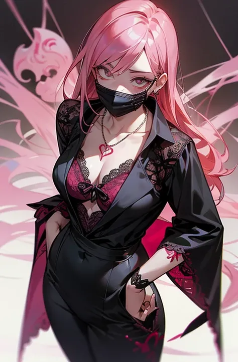 Cool women、sexy、Center of chest、Rize from Chainsaw Man、beauty、Yandere、、Face close-up、Chest tattoo、Red lace、necklace、(look up)、(Pink Hair)、(Angle from the buttocks).(alone)、(black lace mask).