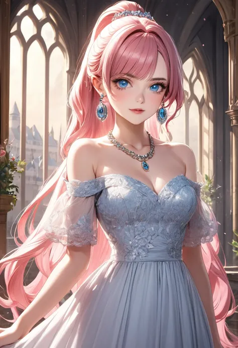 1 female　Pink hair ponytail　Pink eyebrows　Dull light blue eyes　Socialite debut　Long dress　Inside the castle　full moon 　hair ornaments　Earrings and matching necklace