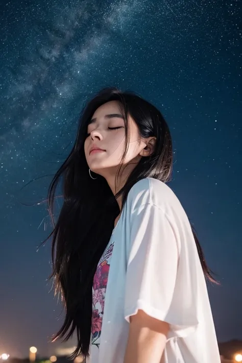 One girl, Black Hair, tears, Long Hair, Closed eyes, Night Sky