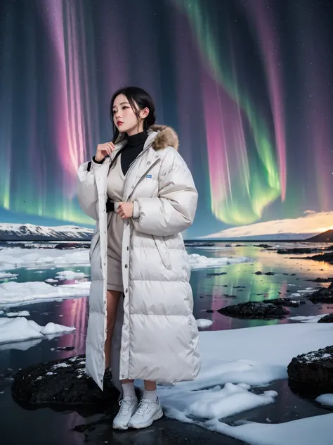 Aurora Background, Iceland, 1 woman, stylish clothes,