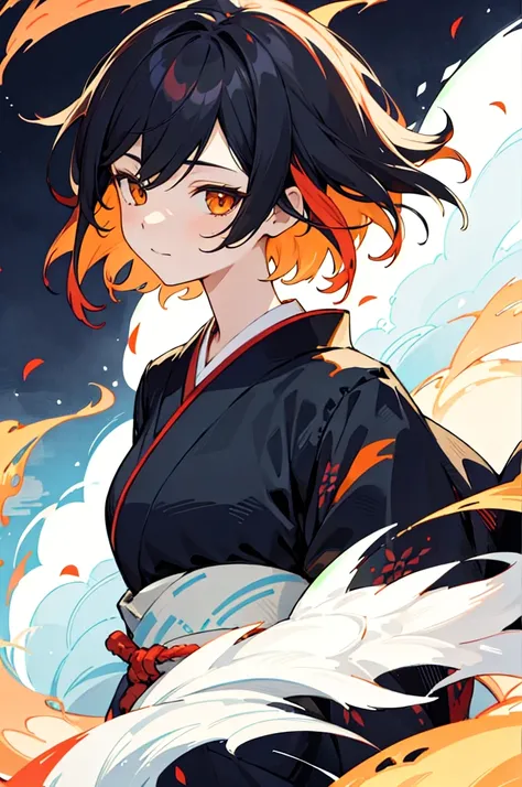 (finely best quality illustration:1.2), (Phoenix blow fire girl:1.0), (1girl, solo:1.0), (black short hair:1.0), (black haori kimono, tsubaki pattern:1.0), (smile:0.6), (upper body:1.0), (ultra-detailed, highres:1.0),Serius mode