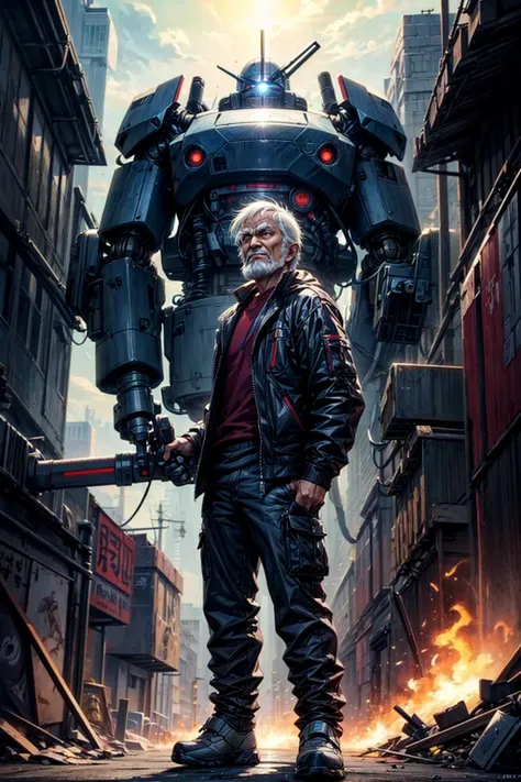 1old man,he is android,robot,mechanic,beam sword,laserbeam,mecha,he fight with robot