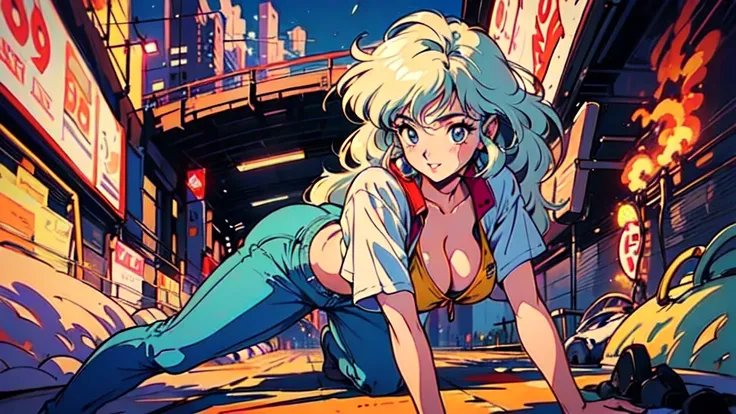 (80s, Retro, City Pop Poster:1.5), (Album cover), (masterpiece, Highest quality), (anime, figure), 
Best Photo Poses, Dynamic Angle, Cowboy Shot, blonde Russian girl, 19 years old, Large Breasts, Wide Hips, Perky ass, Round ass,
girl, alone, smile, A perfe...