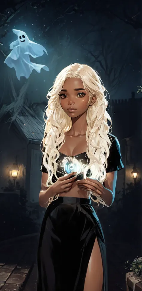 beautiful illustration, ultra-detailed, masterpiece,girl brown skin, light hair, the ghost on the background