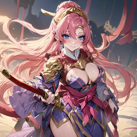 ((Highest quality)), ((masterpiece)), (detailed), （Perfect Face）、The female ancient Chinese warrior is Lacus Clyne, with blue eyes, pink semi-long hair, and is wearing luxurious ancient Chinese warrior equipment, a sword, and a luxurious headdress.、There w...