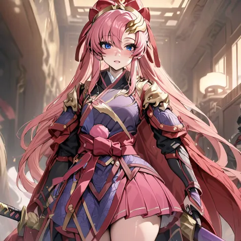 ((Highest quality)), ((masterpiece)), (detailed), （Perfect Face）、The female ancient Chinese warrior is Lacus Clyne, with blue eyes, pink semi-long hair, and is wearing luxurious ancient Chinese warrior equipment, a sword, and a luxurious headdress.、There w...