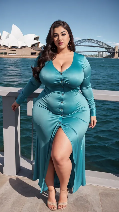 Madhubala bollywood beautiful actress sexy curvy plus size huge figure woman in a SHEIN Clasi Marble Print Button Front Long Sleeve Shirt Color: Teal Blue , stylish front facing standing position, full body view, full body shot, head to toe view, Head Jewe...