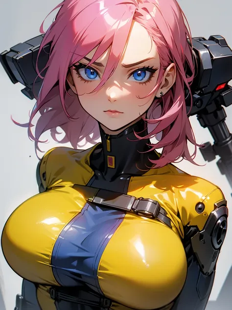 fake big breats, blue eyes detailed 8k , mulher madura in metal gear rising raiden body details, bust photo, big pink hair, shin...