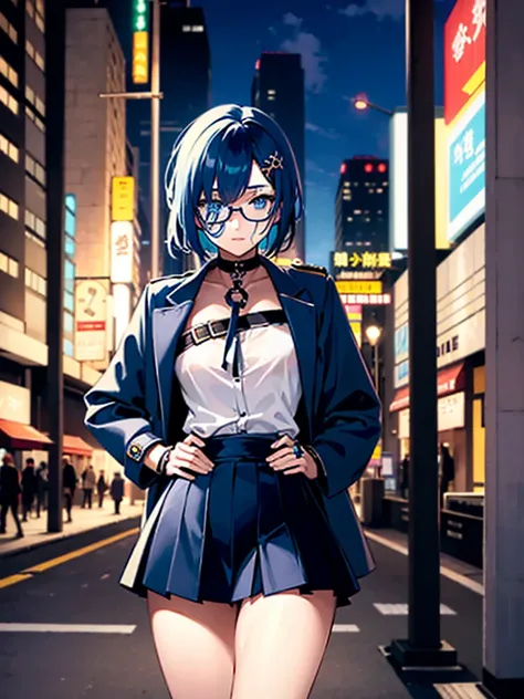 a beautiful young woman, detailed blue hair, standing in city, confident expression, 18 years old, high detailed, semi-realistic, masterpiece, 8k, photorealistic, cinematic lighting, elegant anime girl, cosplay, Hoshimachi Suisei, Hololive, Vtuber, wearing...