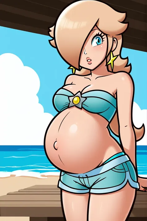 score_9, score_8_up, 1girl, solo, rosalina, style parody, thick outlines, blue bikini, shorts, pregnant belly, sleeveless, strap...