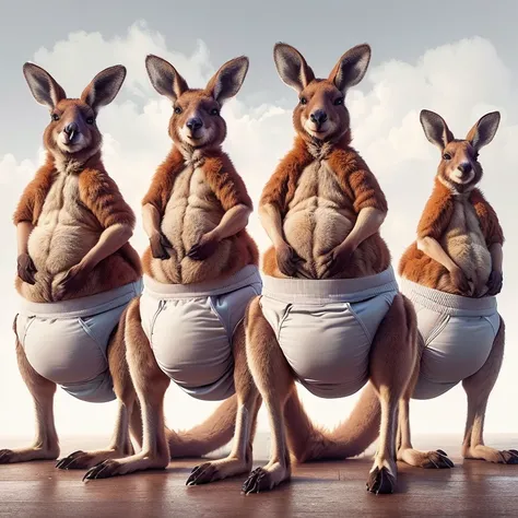 three kangaroos in diapers standing on a wooden surface, kangaroos, subject : kangaroo, subject: kangaroo, surreal hybrid animals, kangaroo, spy kangaroo, underwear ad, six-pack, six pack, six packs, 6 pack, funny illustration, ultrarealistic illustration,...