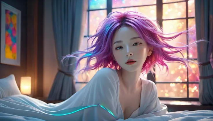 (best quality,8K,Extremely detailed:1.2),(CG,CG Art,3D Rendering),(masterpiece:1.2),(light,Futuristic),(Woman lying in bed,Sleep,Close your eyes),(There is a big window behind her,silent Night),(Colorful hair:1.5)