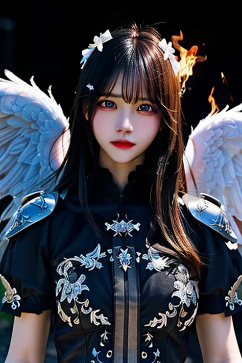 best quality, masterpiece, realistic, 1 woman as dark angel with wings, (detailed face), upper body, detailed eyes, black hair, strict expression, detailed pale skin, intricate dark angel armor, walking over intricate (burning battlefield), night, dramatic...