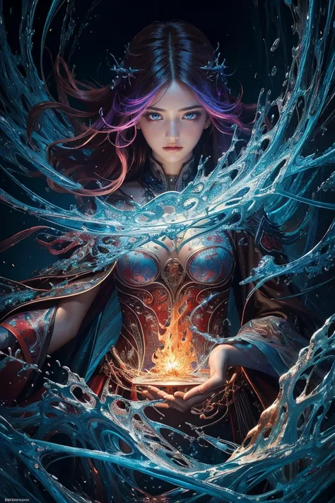 (masterpiece, Highest quality, Highest quality, Official Art, beautifully、aesthetic:1.2), (One girl), extreme detailed,(Abstract, Fractal Art:1.3),Colorful Hair,highest detailed, detailed_eye, fire, water, ice, Lightning, Light_particle, Ghost