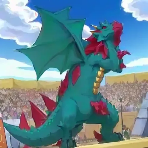 there is a dragon that is standing on a platform in front of a crowd, but as an anthropomorphic dragon, gelbooru anime image, as an anthropomorphic dragon, spike pit, slifer the sky dragon, pteranadon styling, dra the dragon, safebooru anime image, a badda...