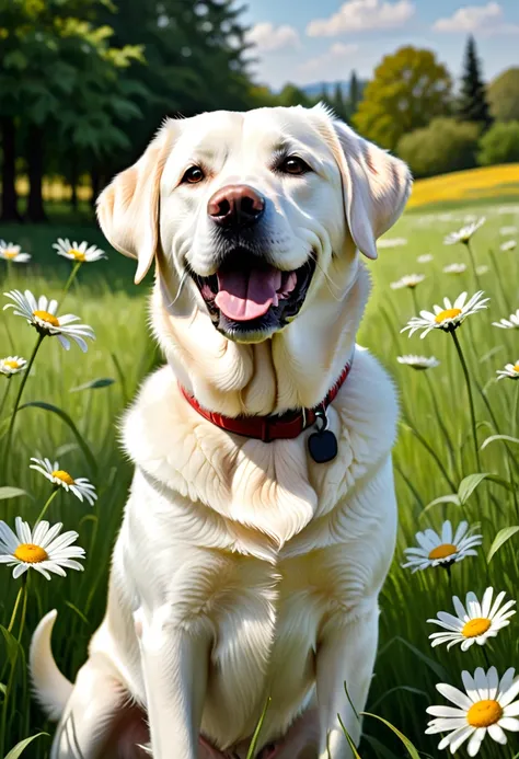 there is a white Dog that is standing in the grass, painting by Stefan Gierowski, shutterstock, chest, Labrador, white Labrador retriever face, lab in the background, beautiful, very beautiful, daisy, very very happy!, Dog, a beautiful, male, Anna, dynamic...