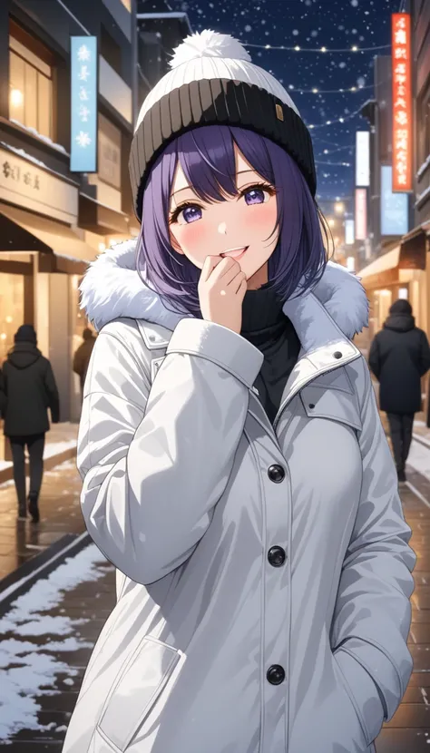 Expressiveh, masterpiece, best quality, ultra-detailed, higres, Kurokawa Akane, 1girl, solo, beautiful and perfect face, purple hair, medium hair, smile, open mouth, blush, looking at viewer, hand covering mouth, beanie, black high-collar shirt, winter tro...