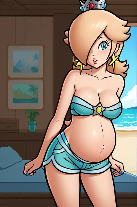 score_9, score_8_up, 1girl, solo, rosalina, style parody, thick outlines, blue bikini, shorts, pregnant belly, sleeveless, strapless, cleavage, indoors, beach, 