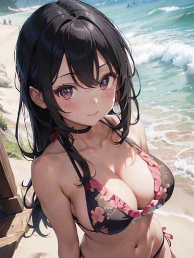 05
(masterpiece、Highest quality、,8k),(Highly detailed CG1.1),1 girl,(close distance:1.4),(Long black hair:1.2),Pink Eyes、smile,(Floral ruffled bikini:1.3),Large Breasts,Beautiful skins、Detailed eyes、(Long eyelashes),(Abdominal muscles:1.2),Beach,(From abov...