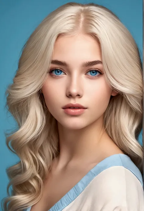 a beautiful woman, 18 years old, skin fair, Fine body, straight platinum blonde hair, long hair, stylish haircut, Wavy hair, attractive face, attractive young face, blue colored eyes, face detailed, fleshy lips, full body photo, neutral color background im...