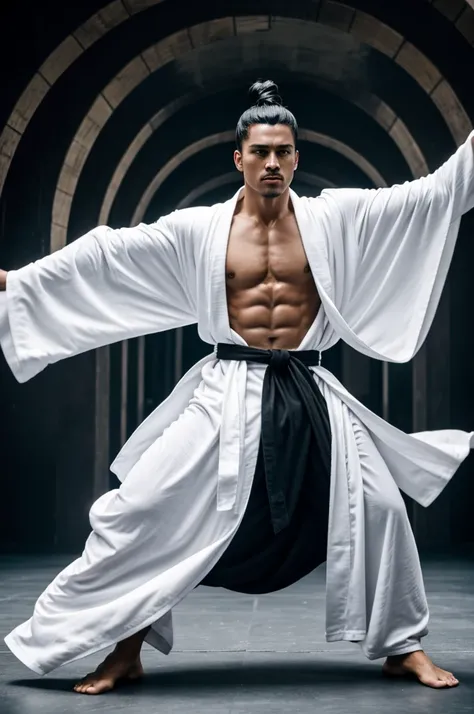 Men with black hair man bun hair style surrounded by black aura in white robe and staying in fighting Pose 