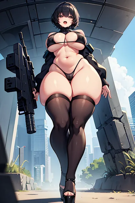 exited, smile, scream, Open mouth, young girl, Pullover, whole body to see, curly short hair, (( very wide hips)), (((colossal Thighs, gigantic thighs, very huge thighs, very big thighs))), fullbody, platform heels, pale skin, very Big breast, gun, soldier...